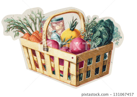 Colorful basket of fresh vegetables and fruits with bottled drinks 131067457