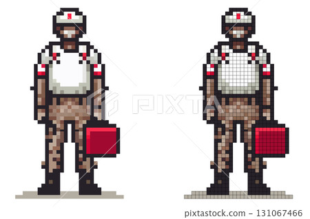 Pixel medic in uniform stands with a first aid kit. Always ready to help 131067466