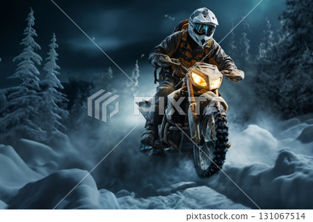 A motorcycle racer is racing in the night forest, a beautiful winter landscape with snow and snowdrifts, wildlife 131067514