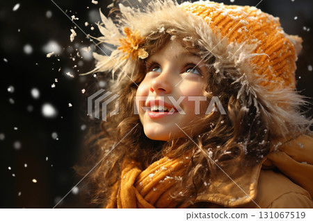 portrait of a child girl enjoying snow and winter portrait of a child girl enjoying snow and winter 131067519