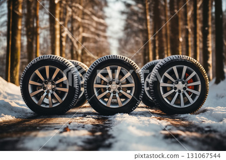 a car wheels on the background of a winter road and a beautiful landscape, a snow-covered forest, a concept of traffic safety on a slippery road a car wheels on the background of a winter road and a beautiful landscape, a snow-covered forest, a concept of traffic safety on a slippery road 131067544