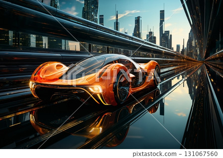 futuristic car on a glossy road in a tunnel with transparent walls, transport of the future, city streets 131067560