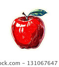 Vibrant red apple illustration with green leaf on black background 131067647