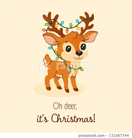 A cute deer is wearing a string of Christmas lights A cute deer is wearing a string of Christmas lights 131067744