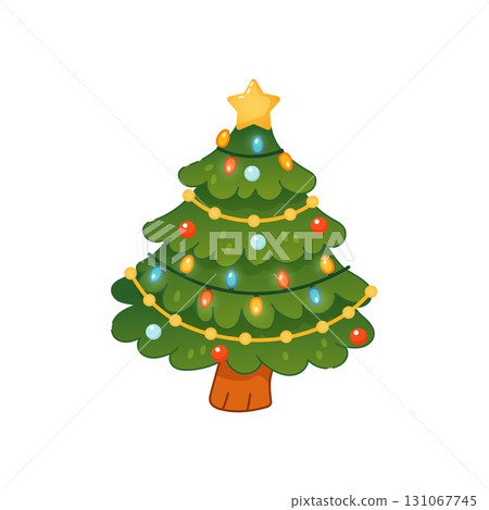 A cartoon Christmas tree with a star on top and lights on the branches 131067745