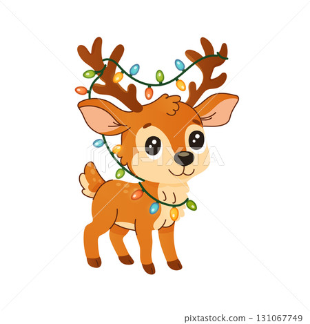 A cute cartoon deer is wearing a Christmas tree decoration A cute cartoon deer is wearing a Christmas tree decoration 131067749
