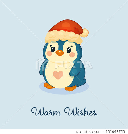 A penguin wearing a red hat and a white hat with a heart on it 131067753