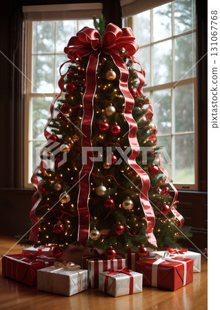 interior of living room decorated for Christmas or New Year's holiday, gifts, fir tree, winter season 131067768