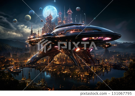 futuristic airport over the city, aerial view, cityscape, sky at sunset, aerial transportation of future 131067795