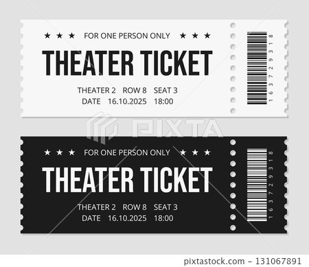 Printable black and white theater ticket template for one person. Ticket with barcode for printing. Vector graphics 131067891