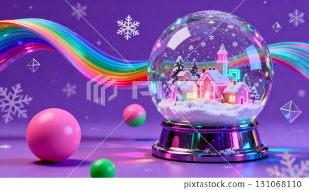 A snow globe with a Christmas village on a purple background 131068110