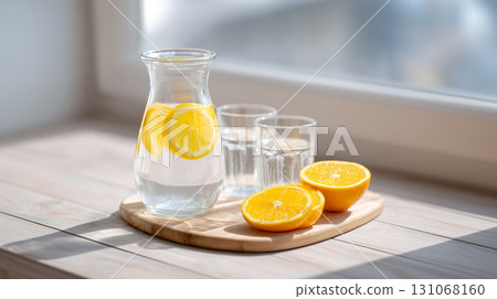 Glass and jug of lemon water on wooden board for healthy lifestyle 131068160