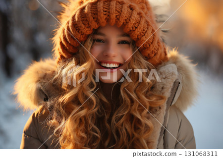 portrait of a beautiful happy woman enjoying winter season 131068311