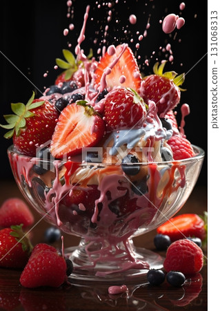 strawberries with creamy splashes, fresh and healthy food strawberries with creamy splashes, fresh and healthy food 131068313