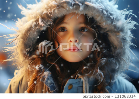 portrait of a child girl enjoying snow and winter 131068334