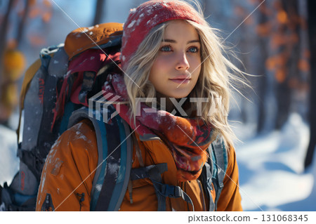 portrait of a beautiful happy woman enjoying winter season 131068345