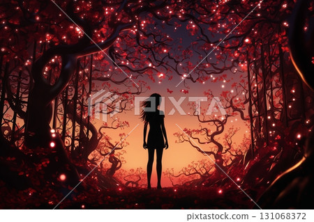 illustration of a fabulous landscape at night, a girl walking in the forest, silhouettes of trees and fireflies around her illustration of a fabulous landscape at night, a girl walking in the forest, silhouettes of trees and fireflies around her 131068372