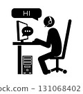 Black and white stick figure vector illustration of a call center operator with headset. 131068402