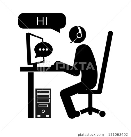Black and white stick figure vector illustration of a call center operator with headset. 131068402