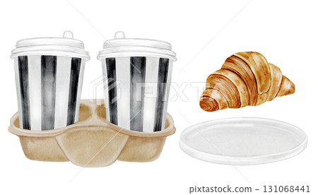 Coffee cups watercolor set. Hand drawn two glasses of hot cappuccino on a holder, plate and croissant. Food clip art. Ideal for bakery prints, postcards and pastry shop posters. 131068441