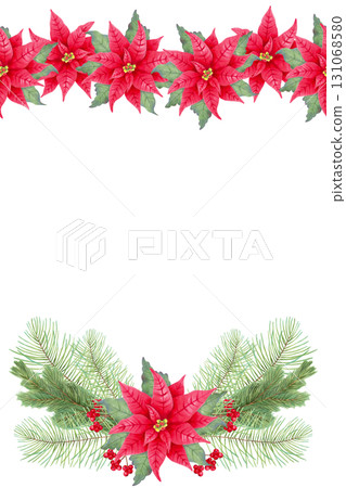 A vertical Christmas frame of poinsettia flowers with holly berries and pine branches. Botanical watercolor illustration. Hand-drawn isolated art. Background with space for New Year's text, card A vertical Christmas frame of poinsettia flowers with holly berries and pine branches. Botanical watercolor illustration. Hand-drawn isolated art. Background with space for New Year's text, card 131068580