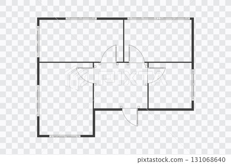 Floor plan simple icon room flat apartment modern unfurnished house line drawing, floor plan project, symbol. Technical architecture draw. Structure shape, build layout with doors and windows. 131068640