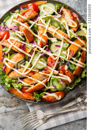 Healthy Homemade Buffalo Chicken Salad with Blue Cheese dressing closeup on the plate on the table. Vertical top view Healthy Homemade Buffalo Chicken Salad with Blue Cheese dressing closeup on the plate on the table. Vertical top view 131068809