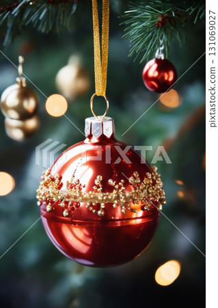 close view of a glass ball on a festive background of illumination, bokeh lights, Christmas tree decoration for New Year holidays, winter season 131069027