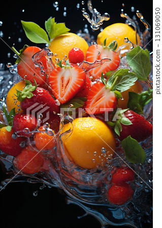 fruits with water splashes, on dark background, fresh and healthy food 131069050