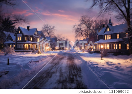 beautiful view of village street in winter, exteriors of houses decorated for Christmas or New Year holiday, snow, street lights, festive environment beautiful view of village street in winter, exteriors of houses decorated for Christmas or New Year holiday, snow, street lights, festive environment 131069052