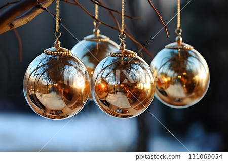 glass balls hanging on a tree branch, Christmas decoration for New Year holidays, winter season 131069054