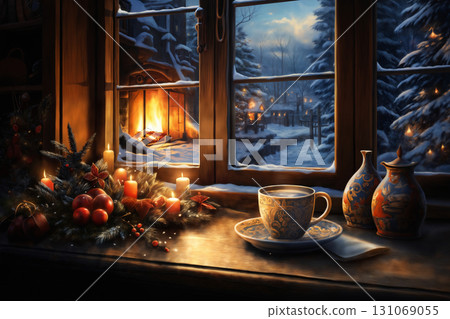 interior of the living room is decorated for the New Year holiday, cups of tea near window, fireplace, a cozy environment, evening, winter season 131069055
