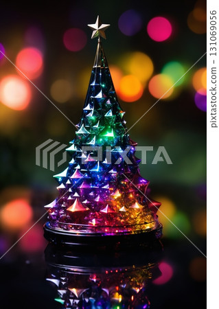 tiny Christmas tree made of glass as decoration for New Year holidays, forest, winter season 131069056