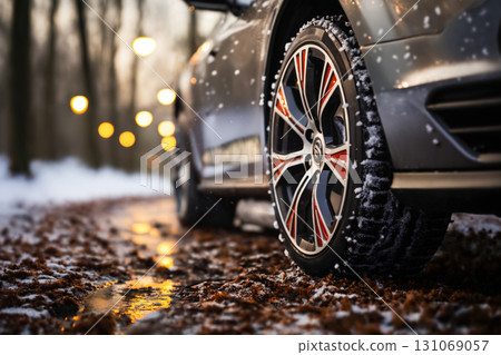 winter road and car on background of beautiful snowy landscape, snow-covered forest, concept of traffic safety on slippery road 131069057