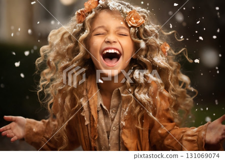 portrait of a child girl enjoying snow and winter portrait of a child girl enjoying snow and winter 131069074