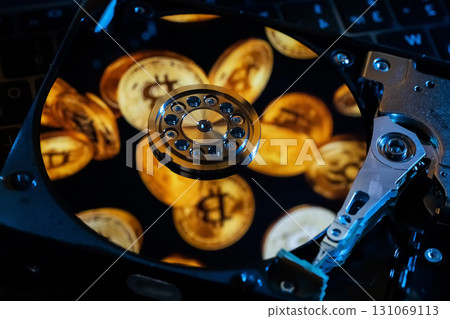 A hard drive decorated with gold bitcoin symbols A hard drive decorated with gold bitcoin symbols 131069113