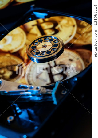 A hard drive decorated with gold bitcoin symbols A hard drive decorated with gold bitcoin symbols 131069114