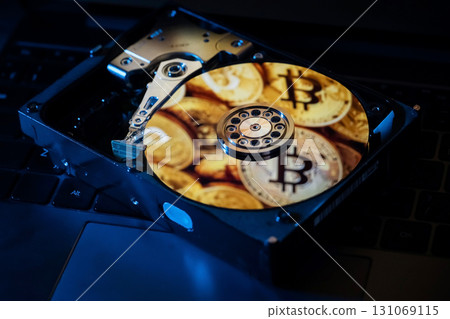A hard drive decorated with gold bitcoin symbols A hard drive decorated with gold bitcoin symbols 131069115