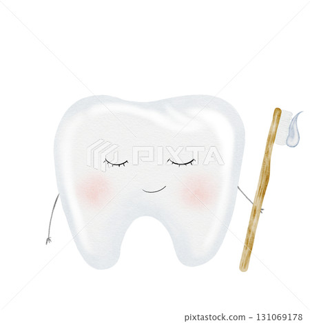 Tooth watercolor. Cute cartoon baby molar with toothbrush on isolated white background. Dental clip art. Ideal for cards and invitations to the party baby's first tooth, posters in the doctor's office 131069178