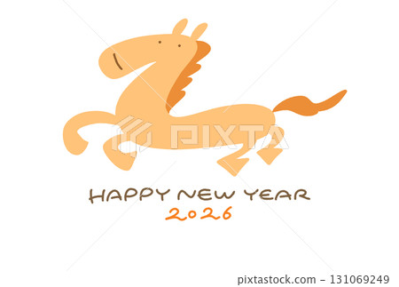 Cute hand-drawn New Year's card with a running horse 2026 handwritten text 131069249