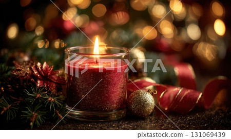 Christmas candles glowing with festive wreath and golden holiday bokeh lights 131069439
