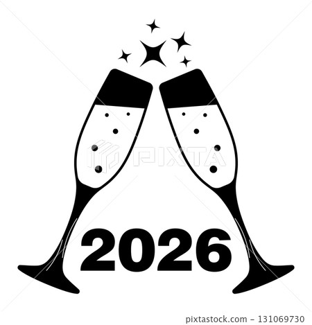 New Year 2026 Celebration with Champagne Glasses. Vector Illustration. Two champagne glasses clinking together, symbolizing a festive toast for the New Year 2026. New Year 2026 Celebration with Champagne Glasses. Vector Illustration. Two champagne glasses clinking together, symbolizing a festive toast for the New Year 2026. 131069730