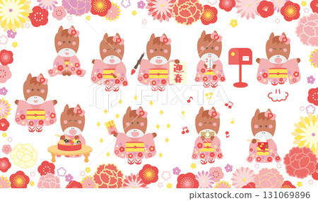 New Year's illustration material set of a cute horse girl wearing a kimono 131069896