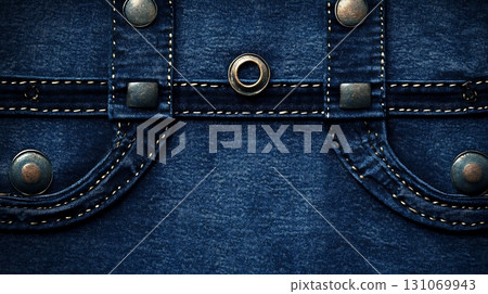 Close up of blue denim jeans shows metallic rivets and stitched pocket detailing Close up of blue denim jeans shows metallic rivets and stitched pocket detailing 131069943