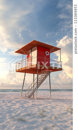 Coastal lifeguard tower stands guard on a sandy beach under a softly clouded summer sky Coastal lifeguard tower stands guard on a sandy beach under a softly clouded summer sky 131069955