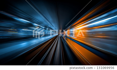 Fast Train Tunnel Abstract Blue and Orange Light Trails Perspective Fast Train Tunnel Abstract Blue and Orange Light Trails Perspective 131069956