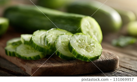 Fresh Cucumber Slices on Wooden Board, Green Vegetables CloseUp Fresh Cucumber Slices on Wooden Board, Green Vegetables CloseUp 131069957