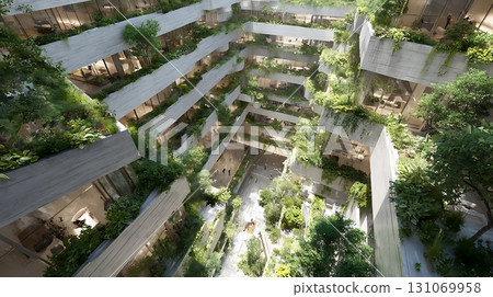 Futuristic Building With Lush Greenery, Balconies, and Central Courtyard View 131069958