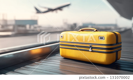 Yellow Suitcase on Baggage Carousel with Departing Airplane in Background 131070002