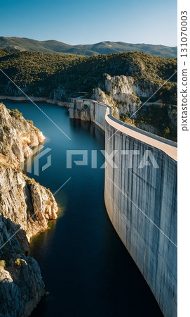 A Zigzagging Dam Wall in Spain Holding Back a Large Lake in Summer 131070003